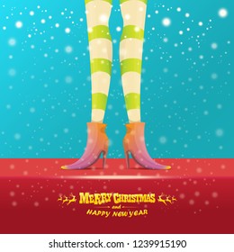 vector creative merry christmas greeting card with cartoon elf hot girls legs, falling snow, lights and greeting calligraphic text Merry christmas. Christmas girl