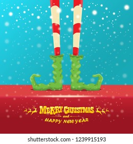 vector creative merry christmas greeting card with cartoon elf's legs, elf shoes and christmas stripped stocking on falling snow in sky. Vector merry christmas background