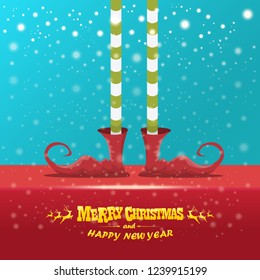 vector creative merry christmas greeting card with cartoon elf's legs, elf shoes and christmas stripped stocking on falling snow in sky. Vector merry christmas background