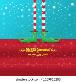 vector creative merry christmas greeting card with cartoon elf's legs, elf shoes and christmas stripped stocking on falling snow in sky. Vector merry christmas background