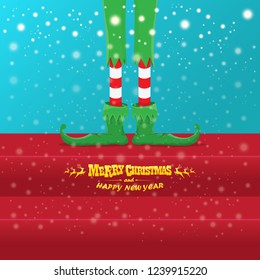 vector creative merry christmas greeting card with cartoon elf's legs, elf shoes and christmas stripped stocking on falling snow in sky. Vector merry christmas background