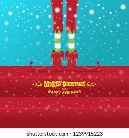 vector creative merry christmas greeting card with cartoon elf's legs, elf shoes and christmas stripped stocking on falling snow in sky. Vector merry christmas background