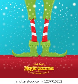vector creative merry christmas greeting card with cartoon elf's legs, elf shoes and christmas stripped stocking on falling snow in sky. Vector merry christmas background