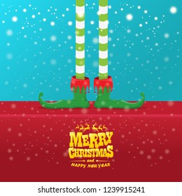 vector creative merry christmas greeting card with cartoon elf's legs, elf shoes and christmas stripped stocking on falling snow in sky. Vector merry christmas background