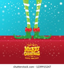 vector creative merry christmas greeting card with cartoon elf's legs, elf shoes and christmas stripped stocking on falling snow in sky. Vector merry christmas background