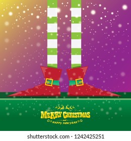vector creative merry christmas greeting card with cartoon elf's legs, elf shoes and christmas stripped stocking on falling snow in sky. Vector merry christmas kids cartoon background