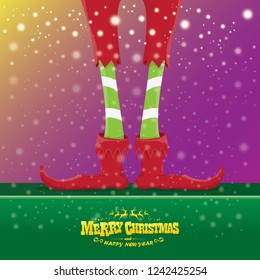 vector creative merry christmas greeting card with cartoon elf's legs, elf shoes and christmas stripped stocking on falling snow in sky. Vector merry christmas kids cartoon background