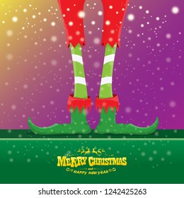 vector creative merry christmas greeting card with cartoon elf's legs, elf shoes and christmas stripped stocking on falling snow in sky. Vector merry christmas kids cartoon background