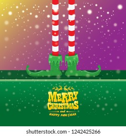 vector creative merry christmas greeting card with cartoon elf's legs, elf shoes and christmas stripped stocking on falling snow in sky. Vector merry christmas kids cartoon background