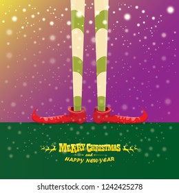 vector creative merry christmas greeting card with cartoon elf's legs, elf shoes and christmas stripped stocking on falling snow in sky. Vector merry christmas kids cartoon background