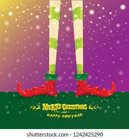 vector creative merry christmas greeting card with cartoon elf's legs, elf shoes and christmas stripped stocking on falling snow in sky. Vector merry christmas kids cartoon background