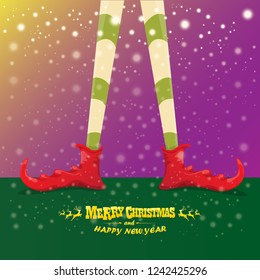 vector creative merry christmas greeting card with cartoon elf's legs, elf shoes and christmas stripped stocking on falling snow in sky. Vector merry christmas kids cartoon background