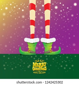 vector creative merry christmas greeting card with cartoon elf's legs, elf shoes and christmas stripped stocking on falling snow in sky. Vector merry christmas kids cartoon background
