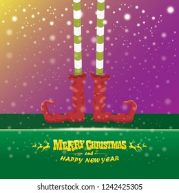 vector creative merry christmas greeting card with cartoon elf's legs, elf shoes and christmas stripped stocking on falling snow in sky. Vector merry christmas kids cartoon background