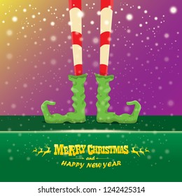 vector creative merry christmas greeting card with cartoon elf's legs, elf shoes and christmas stripped stocking on falling snow in sky. Vector merry christmas kids cartoon background