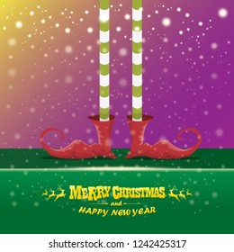 vector creative merry christmas greeting card with cartoon elf's legs, elf shoes and christmas stripped stocking on falling snow in sky. Vector merry christmas kids cartoon background