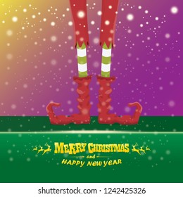 vector creative merry christmas greeting card with cartoon elf's legs, elf shoes and christmas stripped stocking on falling snow in sky. Vector merry christmas kids cartoon background