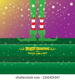 vector creative merry christmas greeting card with cartoon elf's legs, elf shoes and christmas stripped stocking on falling snow in sky. Vector merry christmas kids cartoon background