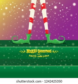 vector creative merry christmas greeting card with cartoon elf's legs, elf shoes and christmas stripped stocking on falling snow in sky. Vector merry christmas kids cartoon background