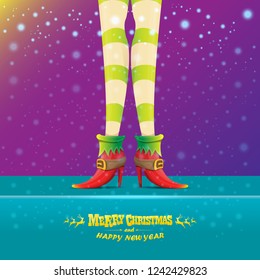 vector creative merry christmas greeting card with cartoon elf hot girls legs, falling snow, lights and greeting calligraphic text Merry christmas. Christmas girl