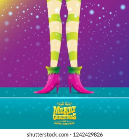 vector creative merry christmas greeting card with cartoon elf hot girls legs, falling snow, lights and greeting calligraphic text Merry christmas. Christmas girl