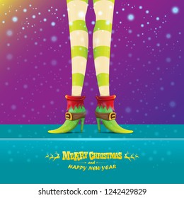 vector creative merry christmas greeting card with cartoon elf hot girls legs, falling snow, lights and greeting calligraphic text Merry christmas. Christmas girl
