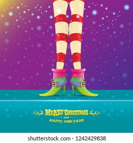 vector creative merry christmas greeting card with cartoon elf hot girls legs, falling snow, lights and greeting calligraphic text Merry christmas. Christmas girl