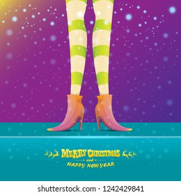 vector creative merry christmas greeting card with cartoon elf hot girls legs, falling snow, lights and greeting calligraphic text Merry christmas. Christmas girl