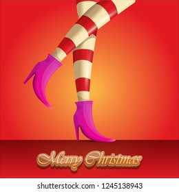 vector creative merry christmas greeting card with cartoon elf girls legs and greeting calligraphic text Merry christmas isolated on orange. Vector merry christmas background with elf girl