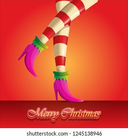 vector creative merry christmas greeting card with cartoon elf girls legs and greeting calligraphic text Merry christmas isolated on orange. Vector merry christmas background with elf girl