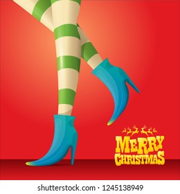 vector creative merry christmas greeting card with cartoon elf girls legs and greeting calligraphic text Merry christmas isolated on orange. Vector merry christmas background with elf girl