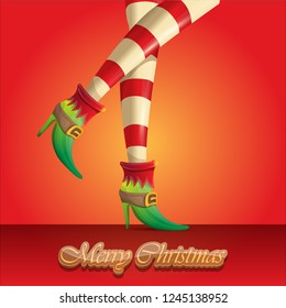 vector creative merry christmas greeting card with cartoon elf girls legs and greeting calligraphic text Merry christmas isolated on orange. Vector merry christmas background with elf girl