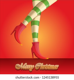 vector creative merry christmas greeting card with cartoon elf girls legs and greeting calligraphic text Merry christmas isolated on orange. Vector merry christmas background with elf girl