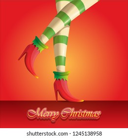 vector creative merry christmas greeting card with cartoon elf girls legs and greeting calligraphic text Merry christmas isolated on orange. Vector merry christmas background with elf girl