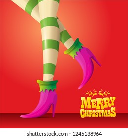 vector creative merry christmas greeting card with cartoon elf girls legs and greeting calligraphic text Merry christmas isolated on orange. Vector merry christmas background with elf girl