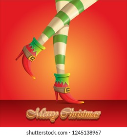 vector creative merry christmas greeting card with cartoon elf girls legs and greeting calligraphic text Merry christmas isolated on orange. Vector merry christmas background with elf girl