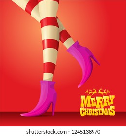 vector creative merry christmas greeting card with cartoon elf girls legs and greeting calligraphic text Merry christmas isolated on orange. Vector merry christmas background with elf girl