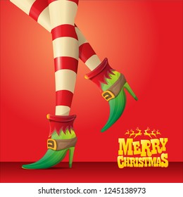 vector creative merry christmas greeting card with cartoon elf girls legs and greeting calligraphic text Merry christmas isolated on orange. Vector merry christmas background with elf girl