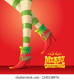 vector creative merry christmas greeting card with cartoon elf girls legs and greeting calligraphic text Merry christmas isolated on orange. Vector merry christmas background with elf girl