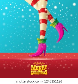 vector creative merry christmas greeting card with cartoon elf hot girls legs, falling snow, lights and greeting calligraphic text Merry christmas. Christmas girl