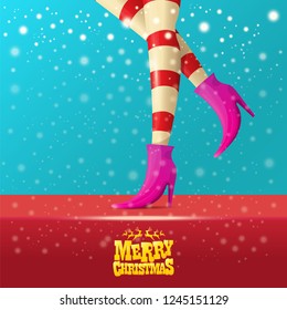 vector creative merry christmas greeting card with cartoon elf hot girls legs, falling snow, lights and greeting calligraphic text Merry christmas. Christmas girl