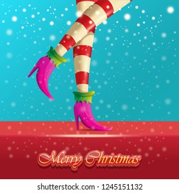 vector creative merry christmas greeting card with cartoon elf hot girls legs, falling snow, lights and greeting calligraphic text Merry christmas. Christmas girl