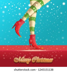 vector creative merry christmas greeting card with cartoon elf hot girls legs, falling snow, lights and greeting calligraphic text Merry christmas. Christmas girl