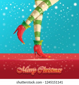 vector creative merry christmas greeting card with cartoon elf hot girls legs, falling snow, lights and greeting calligraphic text Merry christmas. Christmas girl