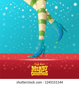 vector creative merry christmas greeting card with cartoon elf hot girls legs, falling snow, lights and greeting calligraphic text Merry christmas. Christmas girl