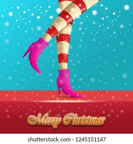vector creative merry christmas greeting card with cartoon elf hot girls legs, falling snow, lights and greeting calligraphic text Merry christmas. Christmas girl