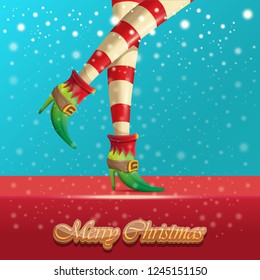 vector creative merry christmas greeting card with cartoon elf hot girls legs, falling snow, lights and greeting calligraphic text Merry christmas. Christmas girl