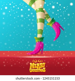 vector creative merry christmas greeting card with cartoon elf hot girls legs, falling snow, lights and greeting calligraphic text Merry christmas. Christmas girl