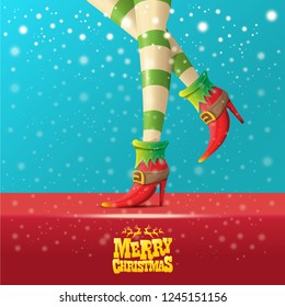 vector creative merry christmas greeting card with cartoon elf hot girls legs, falling snow, lights and greeting calligraphic text Merry christmas. Christmas girl