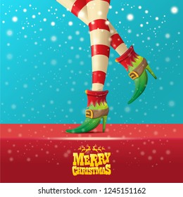 vector creative merry christmas greeting card with cartoon elf hot girls legs, falling snow, lights and greeting calligraphic text Merry christmas. Christmas girl